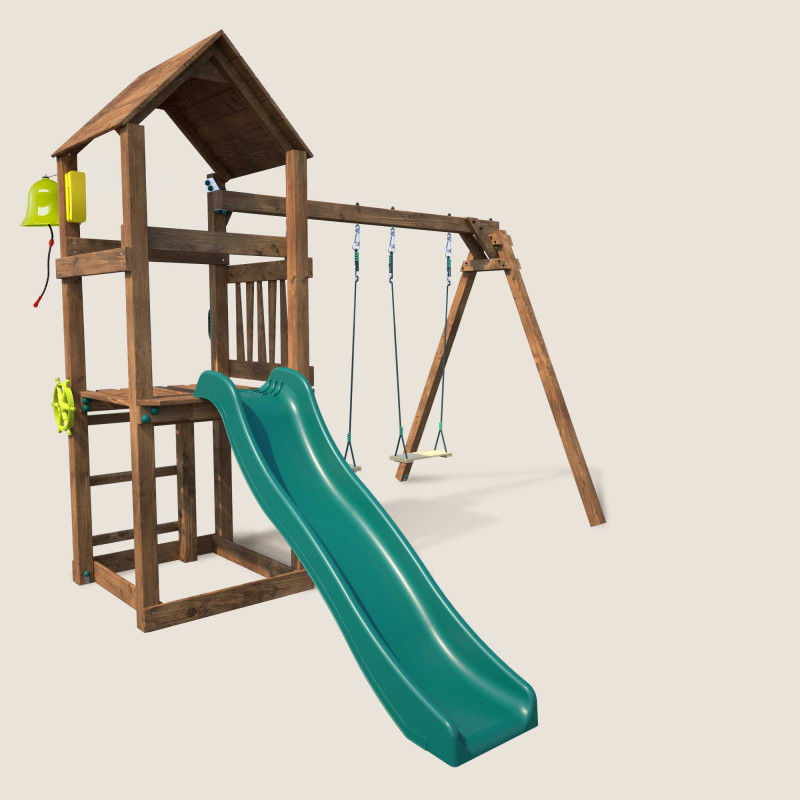 Aire de jeux en bois PAÏTA avec balançoire 2 agrès et toboggan vue 3/4