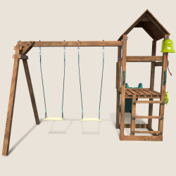 Vue arrière de l’aire de jeux en bois PAÏTA avec balançoire et toboggan