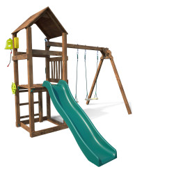 Aire de jeux en bois PAÏTA avec balançoire 2 agrès et toboggan sur fond blanc