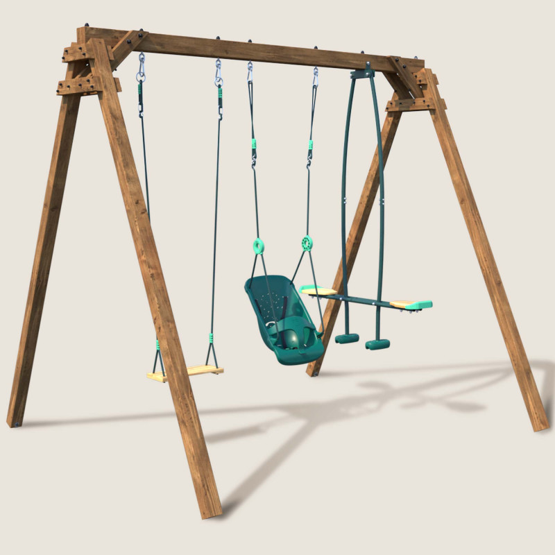 Portique balançoire en bois 3 agrès avec deux balançoires et siège bébé