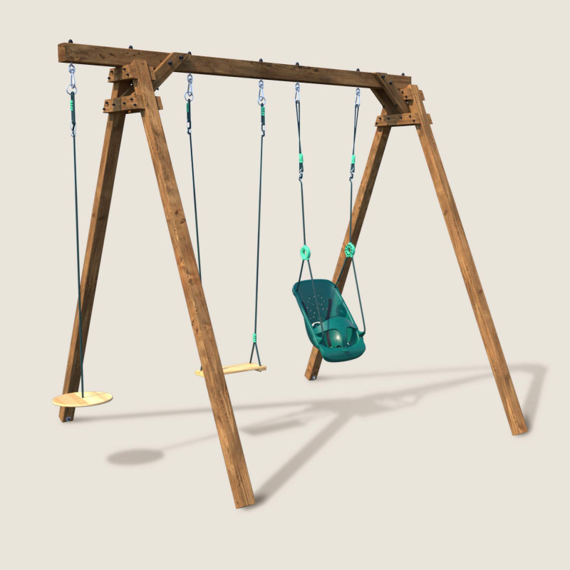Portique balançoire en bois 3 agrès avec siège bébé Lilly et corde disque Ulysse Soulet