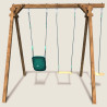 Vue arrière du portique balançoire en bois Soulet avec 3 agrès pour enfants