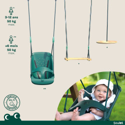 Siège bébé Lilly installé sur un portique balançoire en bois Soulet