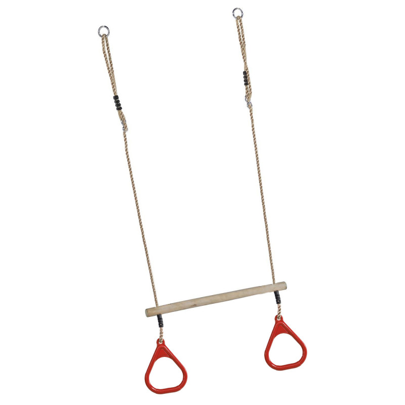 Trapèze en bois avec anneaux de gymnastique en plastique rouge – 35 x 580 / 165 x 20 x 210 mm