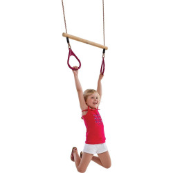 Trapèze en bois avec anneaux de gymnastique en plastique rouge – 35 x 580 / 165 x 20 x 210 mm - Pour 1 enfant