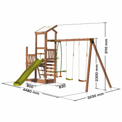 Aire de jeux 2 tours avec portique et mur d'escalade - FUNNY Swing & Climbing 120 - Dimensions