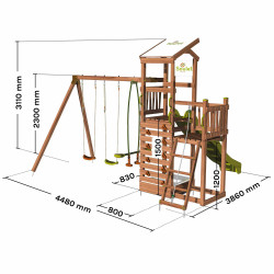 Aire de jeux pour enfant 2 tours avec portique et mur d'escalade - FUNNY Swing & Climbing 150 - Dimensions du produit