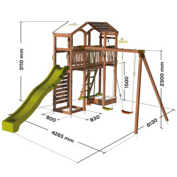 Aire de jeux pour enfant 2 tours avec pont et portique - FUNNY Swing & Bridge 150 - Dimensions du produit