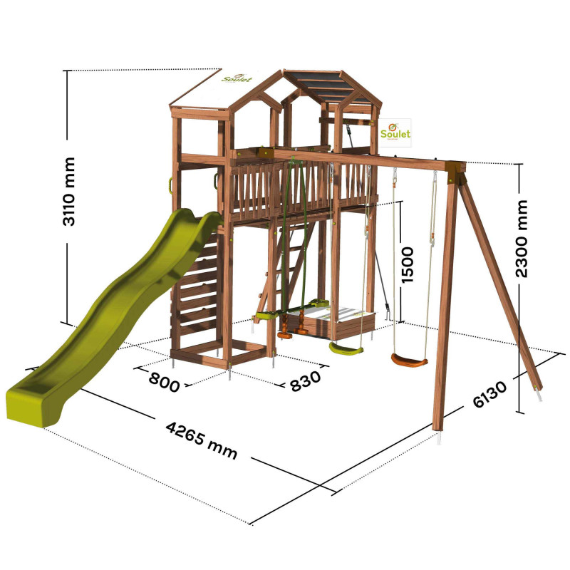 Aire de jeux pour enfant 2 tours avec pont et portique - FUNNY Swing & Bridge 150 - Aire de jeux, avec toboggan h. 150 cm