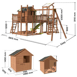 Aire de jeux pour enfant maisonnette avec mur d'escalade et corde à  grimper - COTTAGE CRAZY - Dimensions du produit