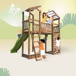 Aire de jeux 2 tours avec pont et toboggan - FUNNY Bridge - Enfants s'amusant sur la structure de jeux - Vue de dos