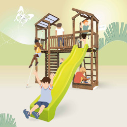 Aire de jeux 2 tours avec pont et toboggan - FUNNY Bridge - Enfants s'amusant sur la structure de jeux