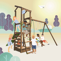 Aire de jeux avec mur d'escalade et portique - HAPPY Swing & Climbing 120 - Pour 7 enfants de 3 à 12 ans - Image avec enfants su