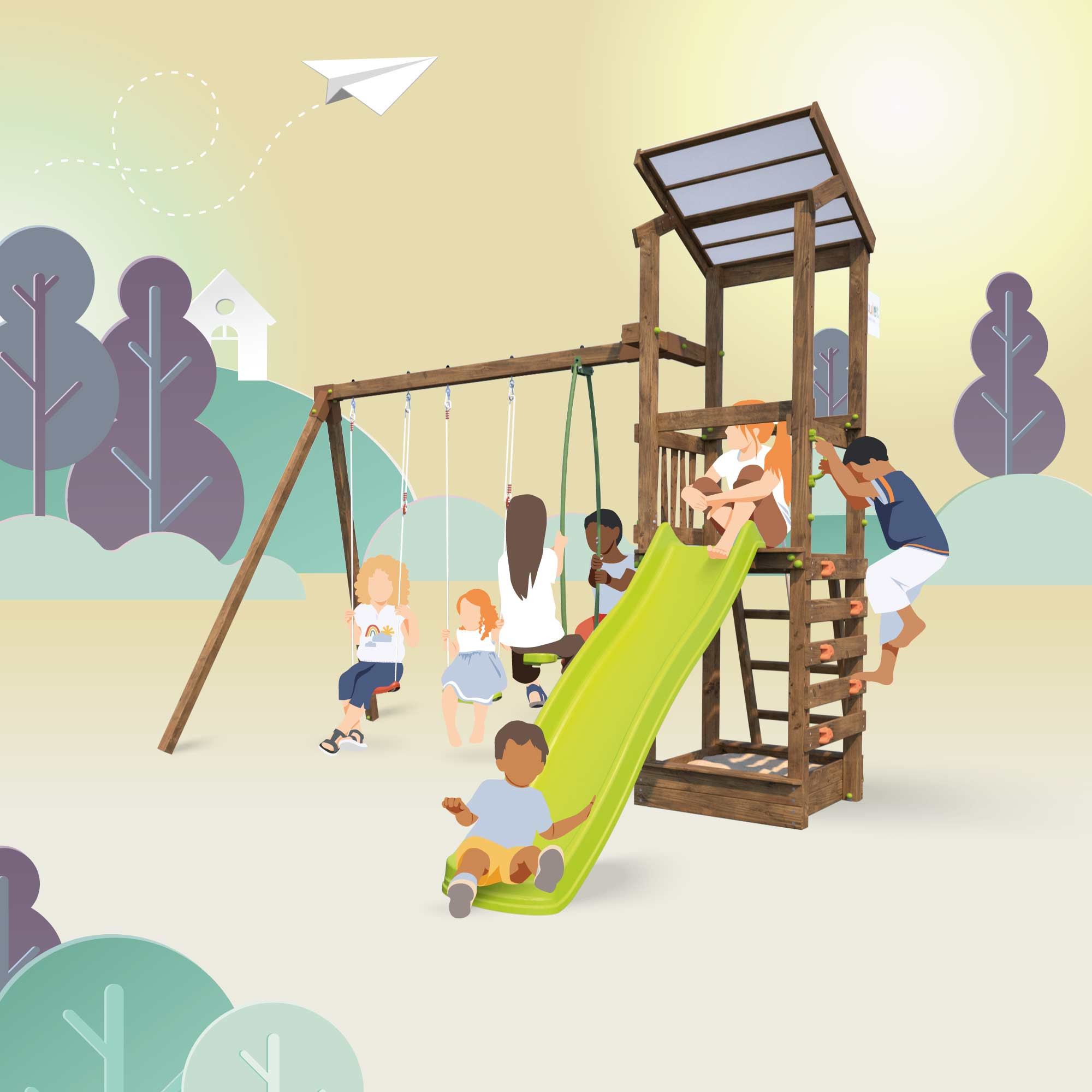 KiddyMoon aire de jeux en bois avec toboggan cadre d'escalade pour enfants,  naturel