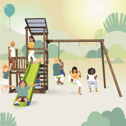 Aire de jeux 2 tours avec portique et mur d'escalade - FUNNY Swing & Climbing 120 - Pour 10 enfants de 3 à 12 ans - Image enfant