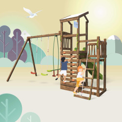 Aire de jeux pour enfant 2 tours avec portique et mur d'escalade - FUNNY Swing & Climbing 150 - Usage familial en extérieur