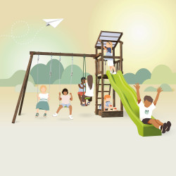 Aire de jeux pour enfant avec portique et bac à  sable - HAPPY Slide 150 - Pour 10 enfants de 3 à 12 ans