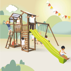 Aire de jeux pour enfant 2 tours avec pont et portique - FUNNY Swing & Bridge 150 - Pour 10 enfants de 3 à 12 ans
