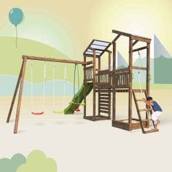 Aire de jeux pour enfant 2 tours avec portique et mur d'escalade - FUNNY Big Climbing - Usage familial en extérieur - Enfant s'a