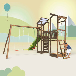 Aire de jeux pour enfant 2 tours avec portique et mur d'escalade - FUNNY Big Climbing - Usage familial en extérieur