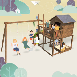 Aire de jeux pour enfant maisonnette avec portique - COTTAGE - Pour 10 enfants, de 3 à 12 ans