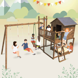Aire de jeux pour enfant maisonnette avec portique et corde à  grimper - COTTAGE HAPPY - Pour 11 enfants, de 3 à 12 ans