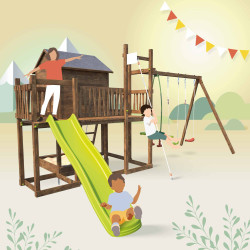 Aire de jeux pour enfant maisonnette avec portique et corde à  grimper - COTTAGE HAPPY - Usage familial en extérieur