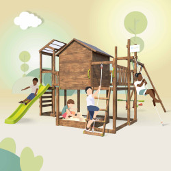 Aire de jeux pour enfant maisonnette avec portique et mur d'escalade - COTTAGE FUNNY - Usage familial en extérieur