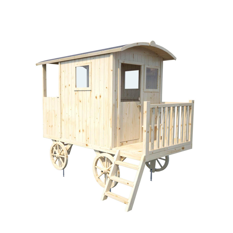 Cabane en bois mobile pour enfant - Roulotte Carry - Vue 3/4 droite