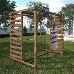 Aire de jeux en bois traité multisport Odin – Mur d’escalade, barre de traction, sac de frappe, cage de foot - Usage familial en