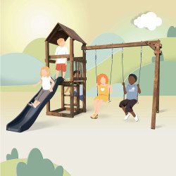 Aire de jeux en bois avec balançoire et toboggan – Nouméa - Pour 5 enfants de 3 à 12 ans