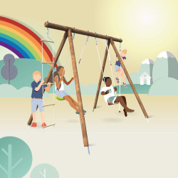 Portique en bois avec corde et échelle 4 agrès - Ernest - Pour 4 enfants de 3 à 12 ans