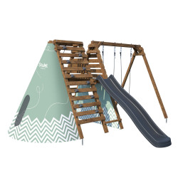 Aire de jeux en bois Apollon – Multi-activités avec toboggan, balançoires, escalade et tipi - Vue 3/4 droite