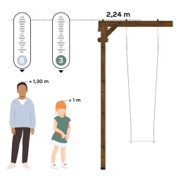 Portique en bois carré avec face-à-face et deux balançoires – Gautier - Comparatif taille des utilisateurs