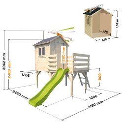 Cabane en bois sur pilotis avec toboggan pour enfants – Joséphine - Dimensions