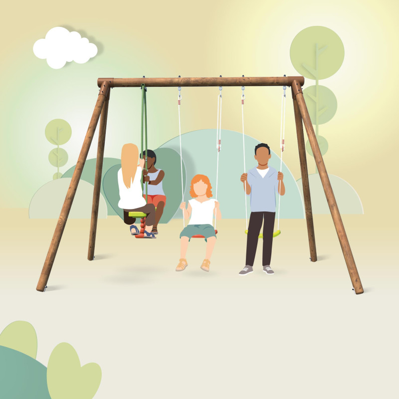 Portique en bois avec face-à-face et 2 balançoires – Polo - Pour 4 enfants de 3 à 12 ans