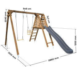 Balançoire avec toboggan en bois traité carré, Objectif Nature 2 agrès - Prune - Dimensions