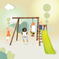 Station en bois traité pour enfant 3 agrès et toboggan - Mûrier - Pour 5 enfants de 3 à 12 ans