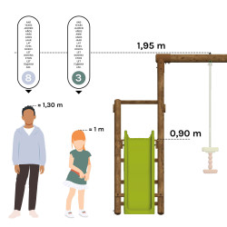 Station en bois traité pour enfant 3 agrès et toboggan - Mûrier - Comparatif Taille des utilisateurs / hauteur du produit