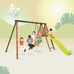 Portique en bois avec plateforme 3 agrès et toboggan - Violette - Pour 5 enfants de 3 à 12 ans