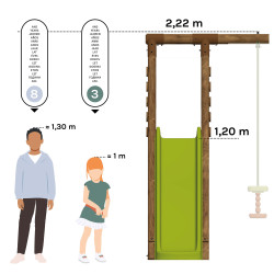 Portique en bois avec plateforme 3 agrès et toboggan - Violette - Comparatif Taille des utilisateurs / hauteur du produit