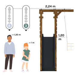 Balançoire avec toboggan en bois traité carré, Objectif Nature 3 agrès - Fleur - Hauteur poutre