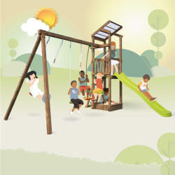 Aire de jeux avec portique et bac à  sable - HAPPY Swing 120 - Aire de jeux, avec toboggan h. 120 cm - Pour 7 enfants maxi.