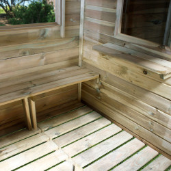 Cabane en bois traité pour enfant avec préau et banc - Hacienda - Zoom sur le préau