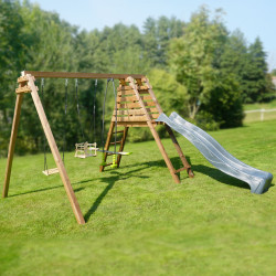 Balançoire avec toboggan en bois traité carré, Objectif Nature 3 agrès - Trèfle - Ambiance vue 3/4 droite