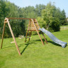 Balançoire avec toboggan en bois traité carré, Objectif Nature 3 agrès - Trèfle - Ambiance vue 3/4 droite