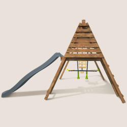 Balançoire avec toboggan en bois traité carré, Objectif Nature 3 agrès - Trèfle - Vue de gauche
