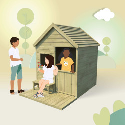 Cabane en bois traité avec terrasse et banc enfant - Heidi - Pour 3 enfants de 3 à 12 ans