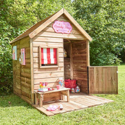 Cabane en bois traité avec terrasse et banc enfant - Heidi - Usage familial en extérieur