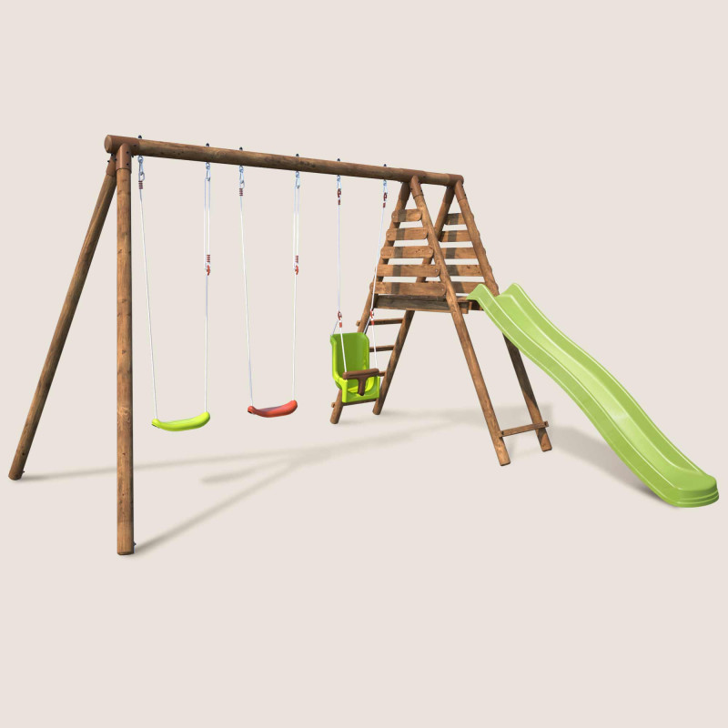 Station en bois traité pour enfant 3 agrès et toboggan - Ankara - Vue 3/4 droit